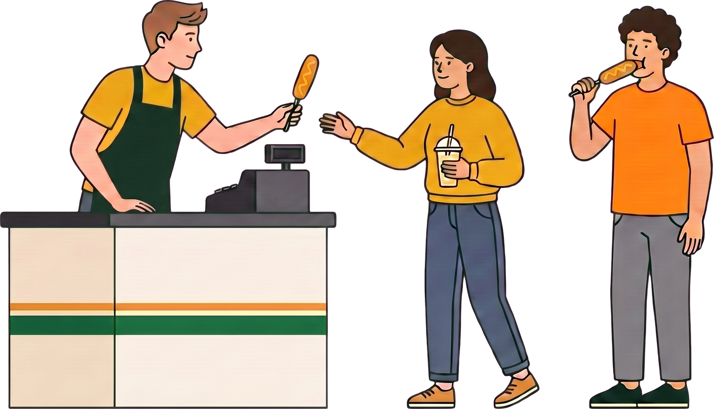 A worker handing a corn dog and a lemonade across the counter